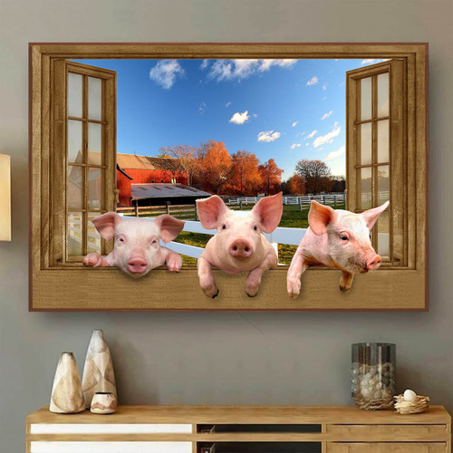 Pig 3D Window View Wall Art Opend Window Home Decor Gift Animal Farm Lover Framed Prints, Canvas Paintings