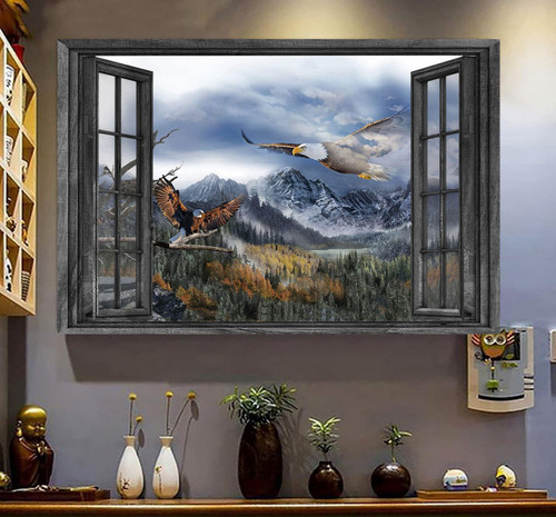 Eagle 3D Window View Canvas Wall Art Painting Art Eagle On Top Of The Mountains Home Decoration Gift Idea Easter Framed Prints, Canvas Paintings