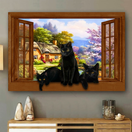 Black Cats 3D Window View Canvas Wall Art Painting Art Cats Lover Home Decoration Framed Prints, Canvas Paintings
