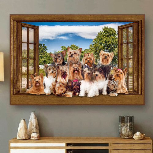 Yorshire Terrier 3D Window View Canvas Wall Art Painting Art 3D Window View Dogs Lover Home Decoration Gift For Friend Gift Birthday Framed Prints, Canvas Paintings