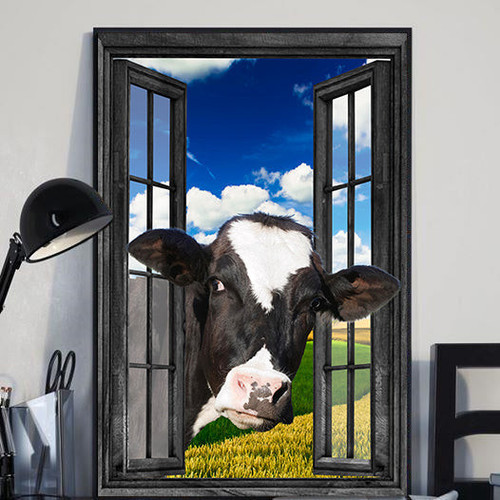 Holstein Cow 3D Window View Canvas Wall Art Painting Prints Home Decor Framed Prints, Canvas Paintings