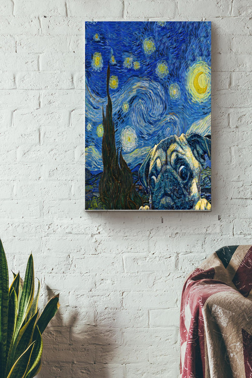 Cute Pug Dog Starry Night Poster Wall Art - Gift For Dog Lover, Home Decor Canvas Gallery Painting Wrapped Canvas Framed Gift Idea Framed Prints, Canvas Paintings