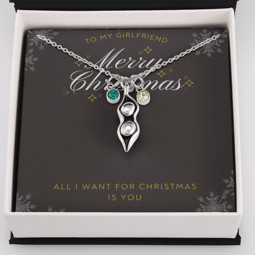 To My Girlfriend All I want For Christmas Pea Pod Necklace Message Card Peas in Pod Birthstones Pendant - Pea Pod