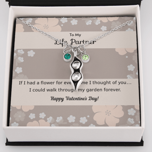 To My Wife Flower to My Life Partner Pea Pod Necklace Message Card Peas in Pod Birthstones Pendant - Pea Pod