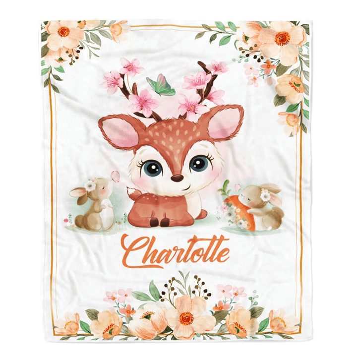Personalized Baby Blanket With Name For Girl Deer Bunny Baby Girl Floral Pink Kid Daughter Granddaughter Niece Birthday Customized Christmas Fleece Blanket