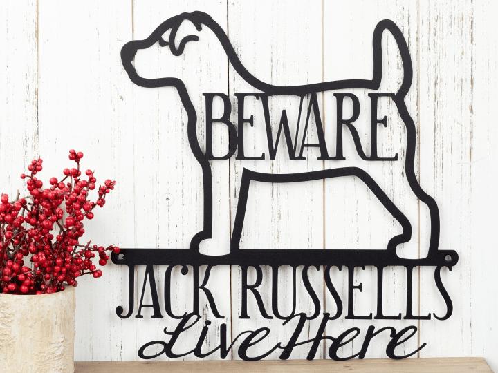 Jack Russells Live Here Metal Sign - Black Jack Russell Metal Wall Art Dog Lover Gift Door Sign Outdoor Sign