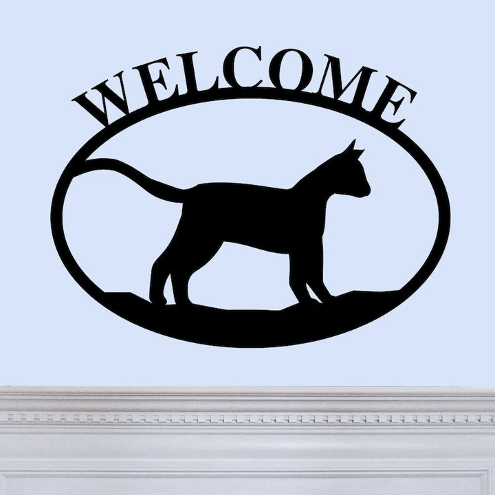 Welcome Cat Round Graphic Laser Cut Solid Steel Decorative Home Accent Wall Sign Hanging