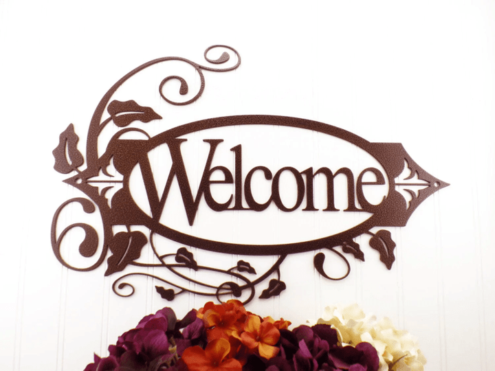 Welcome Metal Sign With Vines - Copper Metal Wall Art Outdoor Sign House Sign Door Sign Sign Signage