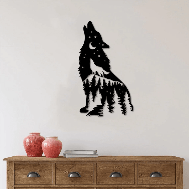 Howling Wolf Metal Wall Art Mountain Wolf Metal Sign Pine Forest Trees Sign Hiking Wolves Sign Wolf Metal Art Metal Wolf
