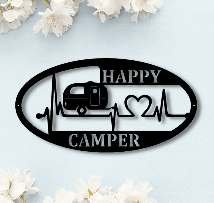 Happy Camper Metal Decor Camping Metal Sign Cottage Decoration Outdoor Metal Art Camping Trailer Sign Heart Beat Art