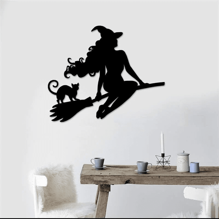 Witch Halloween Decor Halloween Witch Sign Witch Room Metal Wall Decor Spooky Witch On Broom Sign Witch And Black Cat