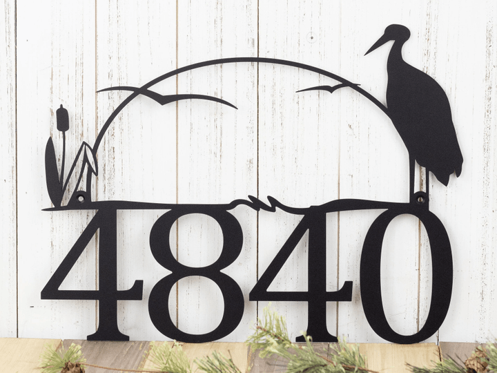 House Number Plaque In Laser Cut Metal With Heron & Cattails Number Sign Lake House Decor Cabin Signs Matte Black Shown