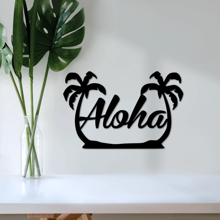 Metal Aloha Sign With Palm Trees Housewarming Gift Home Decor Metal Wall Art Hawaiian Decor Front Door Hanger Entryway