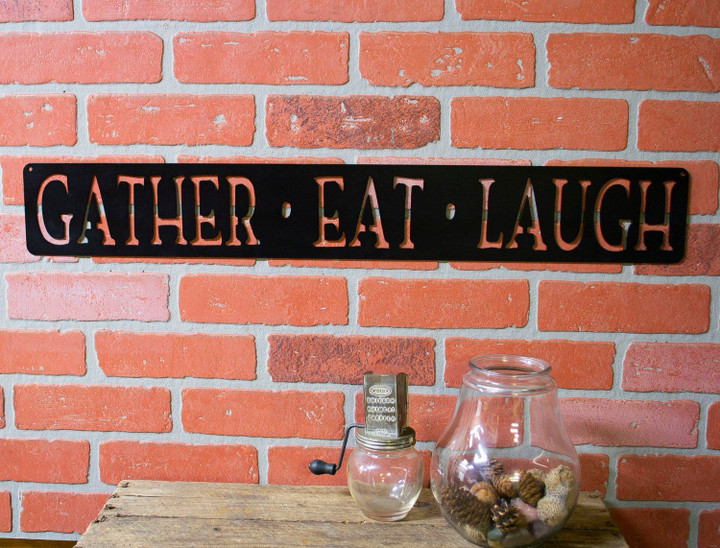 Gather Eat Laugh Kitchen Metal Sign Farmhouse Decor Dining Room Wall Words Raw Steel Rustic Modern Decoration