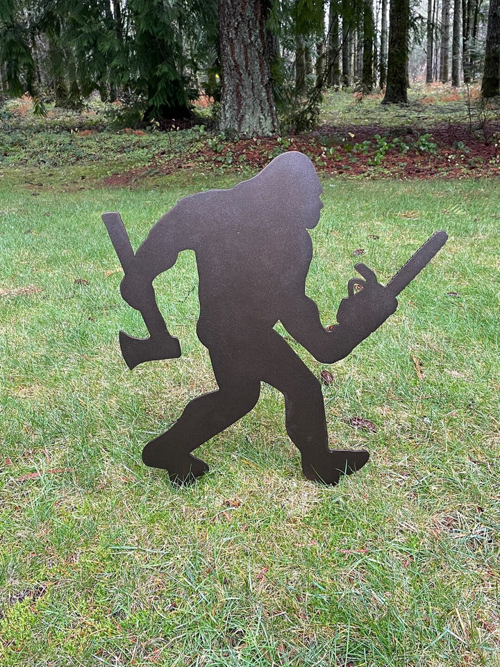 Big Foot Sasquatch logger chain saw ax Garden Stake Tree Stake Garden Art Backyard Decor Perfect for Mother's Day Father's Day