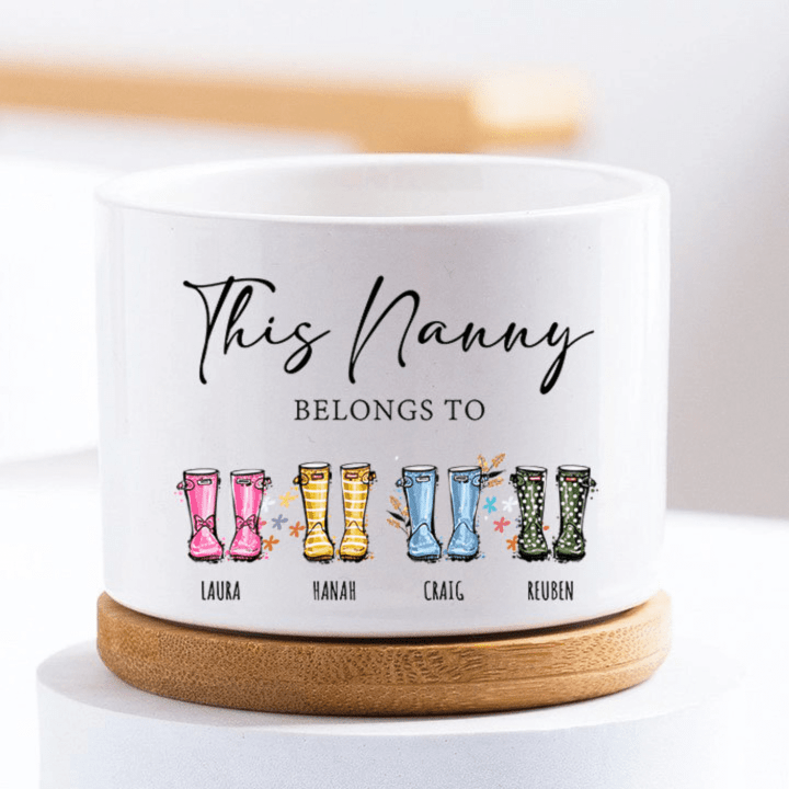Personalized Nanny Belongs To Plant Pot With Bamboo Tray, Custom Grandma Gift, Birthday, Mothers Day Gift for Grandma, Mum Gift, Nanny Gift