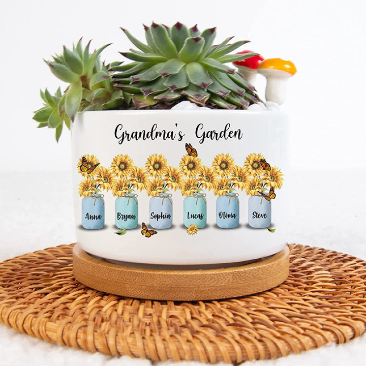 Personalized Grandma's Garden Plant Pot, Plant Pot To Decorate The Desk, Gift For Mother Day, Grandma, Sunflower Flower Plant Pot Gift