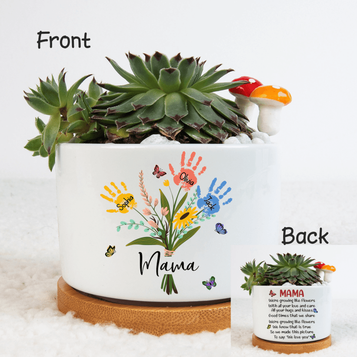Custom Mama Handprints Succulent Pot, Mom Plant Pot, Flower Handprint Grandma Succulent Pot, Gift for Nana Gardener, Mother's Day Gift
