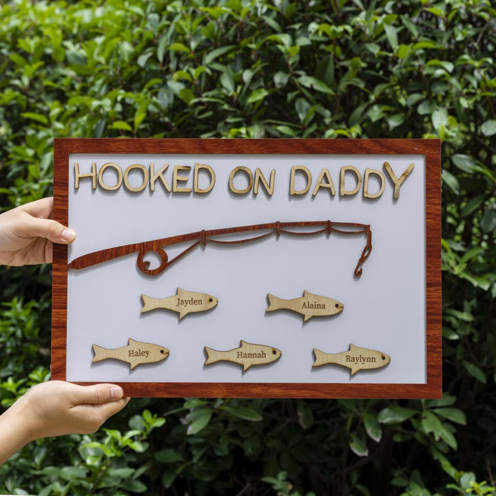 Personalized Hooked on Daddy Fishing With Kids Name Wood Sign Gift For Father's Day