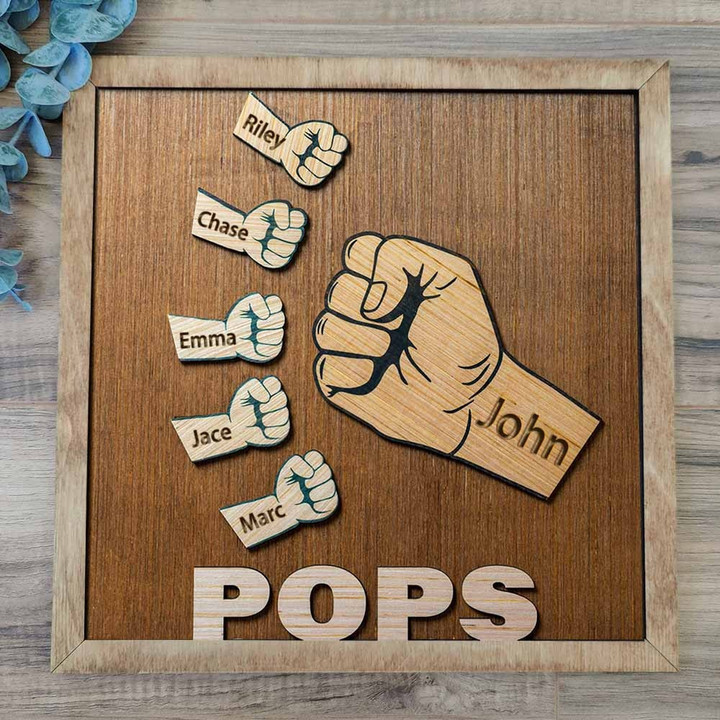 Custom Name Square Wood Sign Dad and Kids Fist Bump With Name Wood Sign Gift For Father's Day