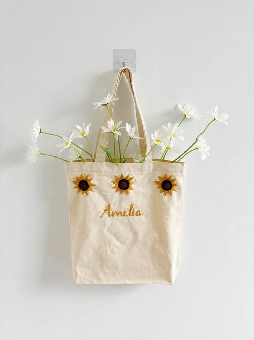Personalized Embroidery Sunflower Name Tote Bag
