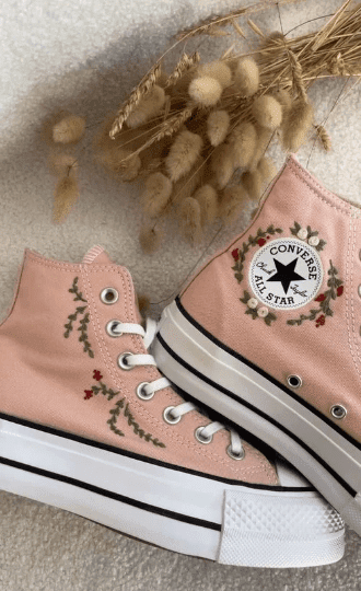 Pink Flowers Embroidered Classic Converse/ Custom Hand Embroidery Blue Floral High Tops Shoes/Embroidered Converse Shoes/ Wedding gift