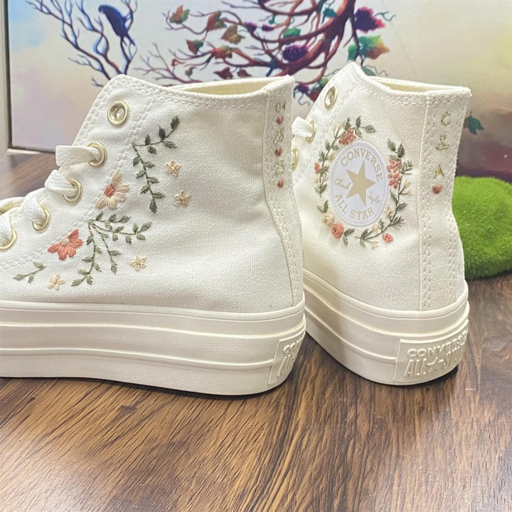 Embroidered Wedding Flowers Shoes High platform 4CM - Embroidery Floral Wedding Shoes- Bridal Flowers Embroidered Sneakers