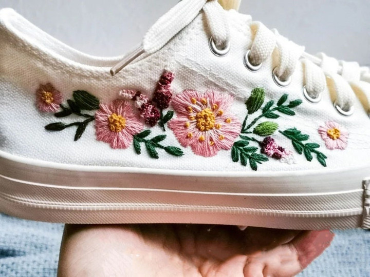Embroidery Low Neck Floral Converse - Custom Embroidery Lavender Converse Shoes- Bridal Flowers Embroidered Sneakers
