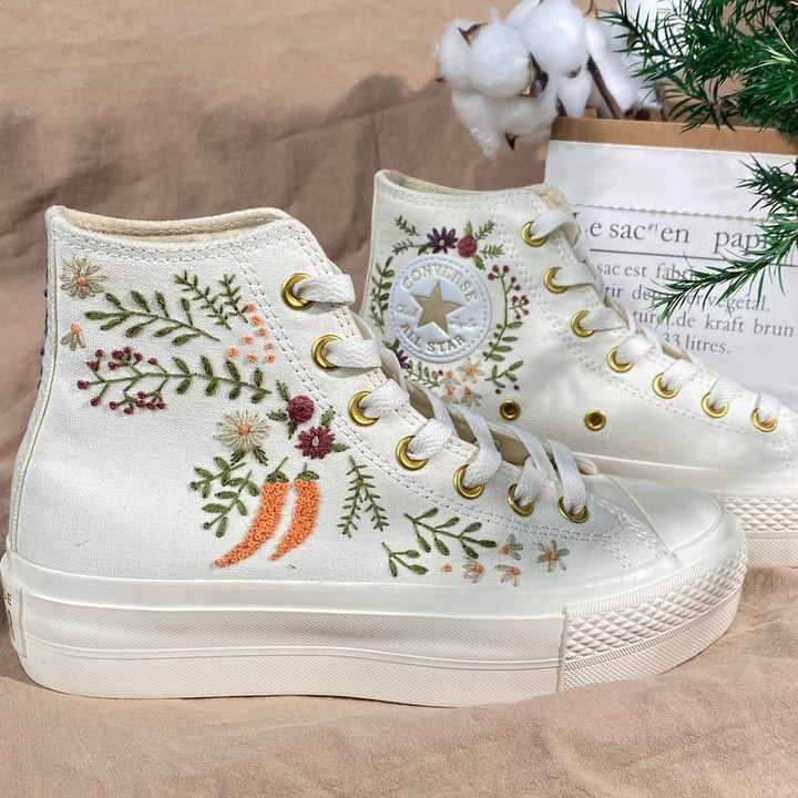 Converse Cosmic Hand Embroidery Flowers Shoes - Embroidered Personalized Convesr Chuck Taylor - Embroidered Wedding Flowers Shoes High platform 4CM - Embroidered Wedding Flowers Converse 1970s Shoes