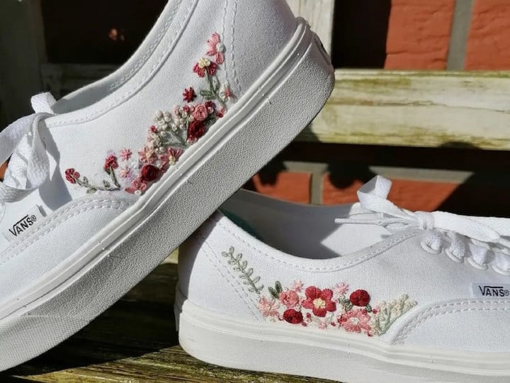 Embroidered Slip on Vans for Bride, Bridal Bontical Floral Sneakers, Embroidered Wedding Shoes, Personalized Name Embroidered Floral Leaf Vans For A Bride, Floral Vans Wedding Shoes