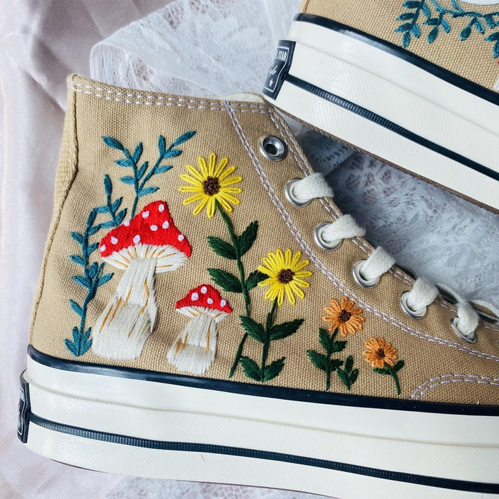 Embroidered Mushroom Sunflower Converse Chuck Taylor Shoes/Custom Converse Embroidered Bees and sweet Flowers/Converse Embroidered Flowers
