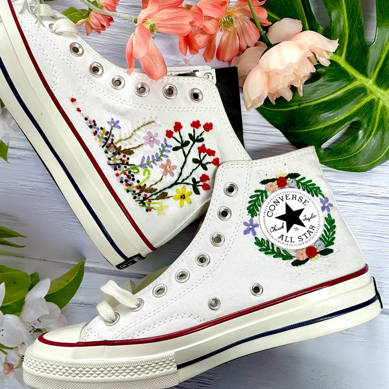 Gift For Best Friend Custom Flowers Embroidery/ Embroidery Flowers Wedding Converse