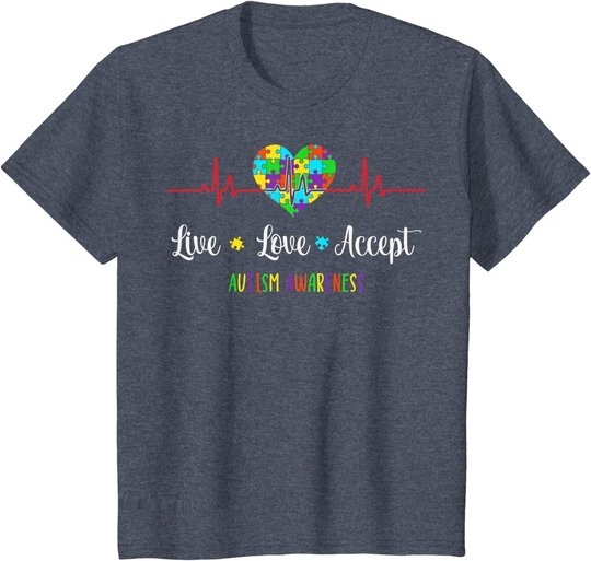 Live Love Accept Autism Awareness Heartbeat Blue Autism Mom T-Shirt