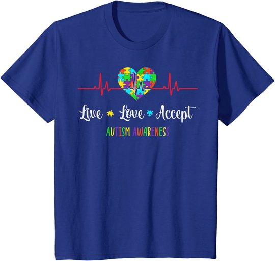 Live Love Accept Autism Awareness Heartbeat Blue Autism Mom T-Shirt