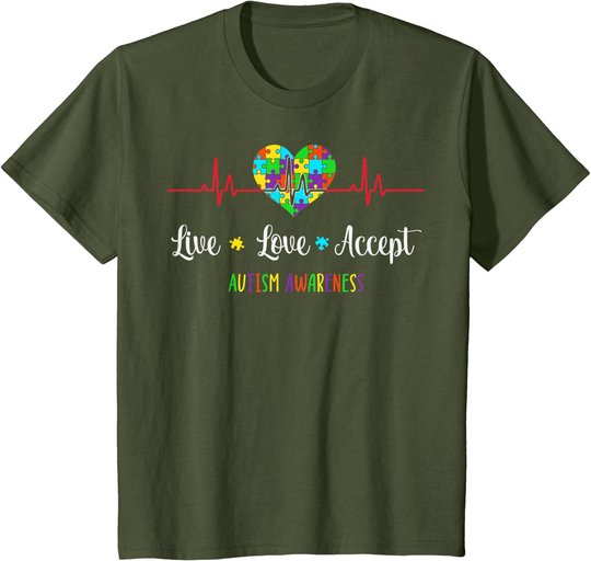 Live Love Accept Autism Awareness Heartbeat Blue Autism Mom T-Shirt