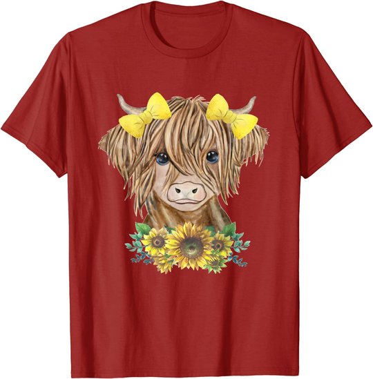 Cute Baby Highland Cow With Sunflowers Farm Farmer Wife Girl T-Shirt