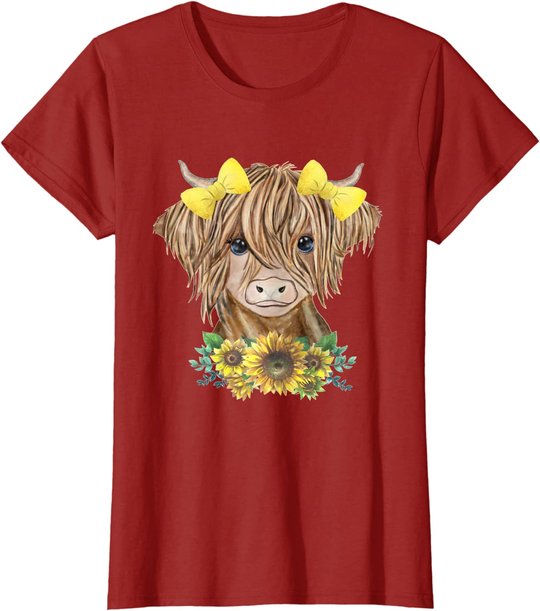 Cute Baby Highland Cow With Sunflowers Farm Farmer Wife Girl T-Shirt