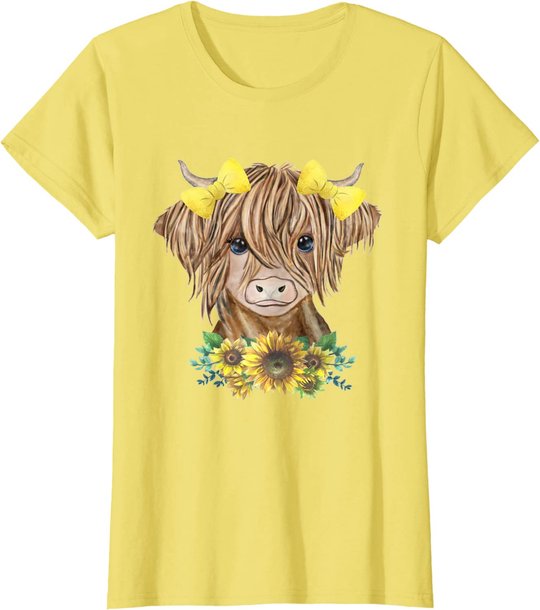 Cute Baby Highland Cow With Sunflowers Farm Farmer Wife Girl T-Shirt