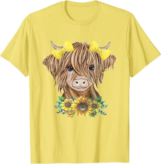 Cute Baby Highland Cow With Sunflowers Farm Farmer Wife Girl T-Shirt