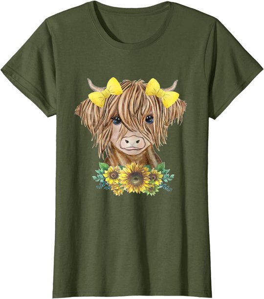 Cute Baby Highland Cow With Sunflowers Farm Farmer Wife Girl T-Shirt