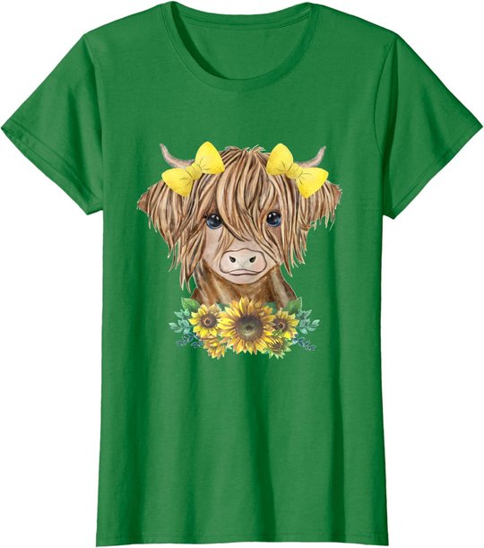Cute Baby Highland Cow With Sunflowers Farm Farmer Wife Girl T-Shirt