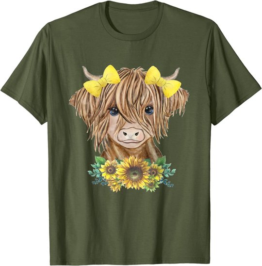 Cute Baby Highland Cow With Sunflowers Farm Farmer Wife Girl T-Shirt