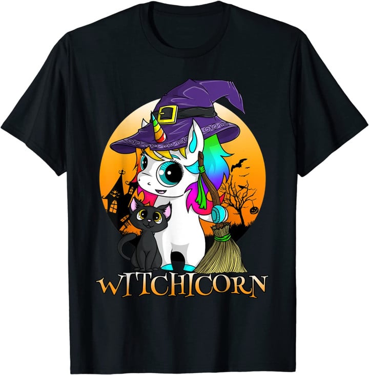 Witchicorn Unicorn Witch Halloween Black Cat Orange Moon T-Shirt
