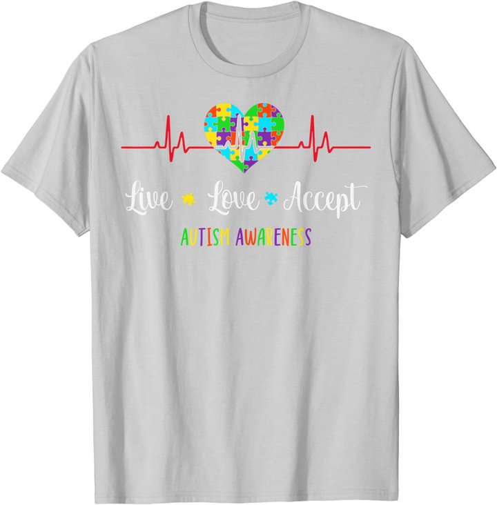 Live Love Accept Autism Awareness Heartbeat Blue Autism Mom T-Shirt