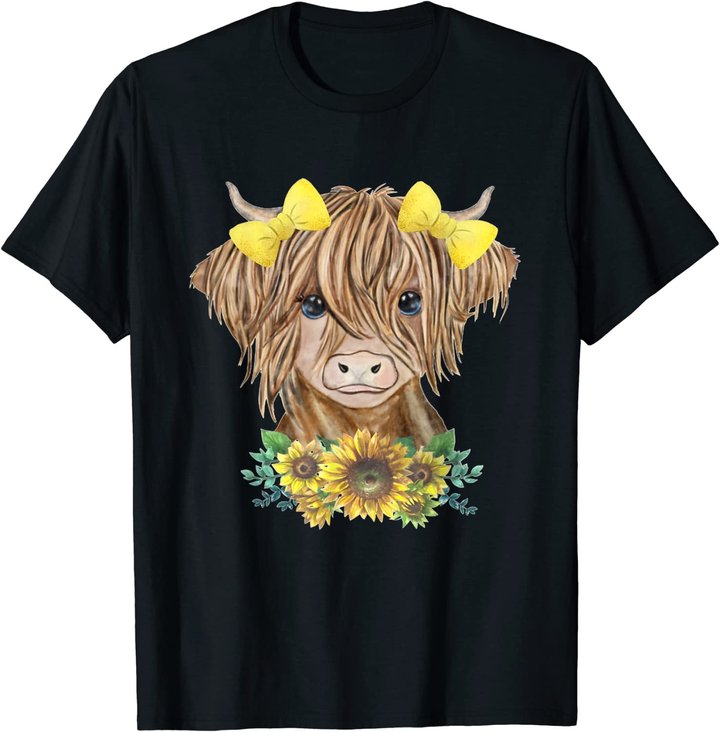 Cute Baby Highland Cow With Sunflowers Farm Farmer Wife Girl T-Shirt