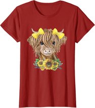 Cute Baby Highland Cow With Sunflowers Farm Farmer Wife Girl T-Shirt