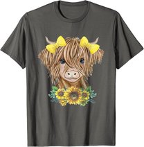 Cute Baby Highland Cow With Sunflowers Farm Farmer Wife Girl T-Shirt