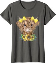 Cute Baby Highland Cow With Sunflowers Farm Farmer Wife Girl T-Shirt