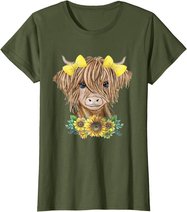 Cute Baby Highland Cow With Sunflowers Farm Farmer Wife Girl T-Shirt