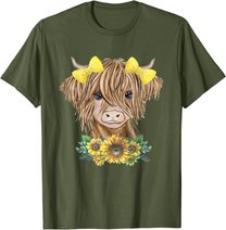 Cute Baby Highland Cow With Sunflowers Farm Farmer Wife Girl T-Shirt